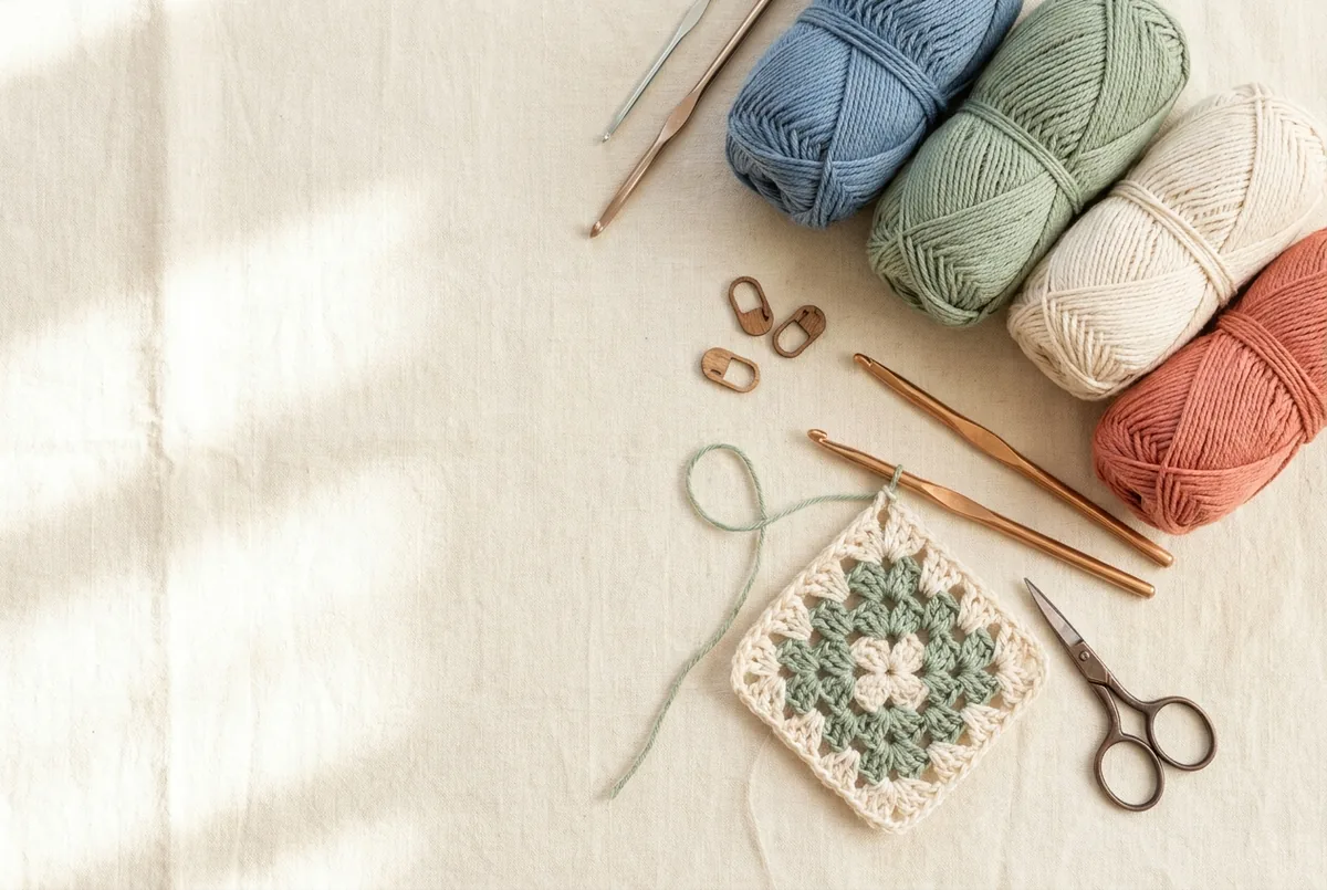 Natural yarn, crochet hooks, scissors, and a crocheted square on a light work surface.